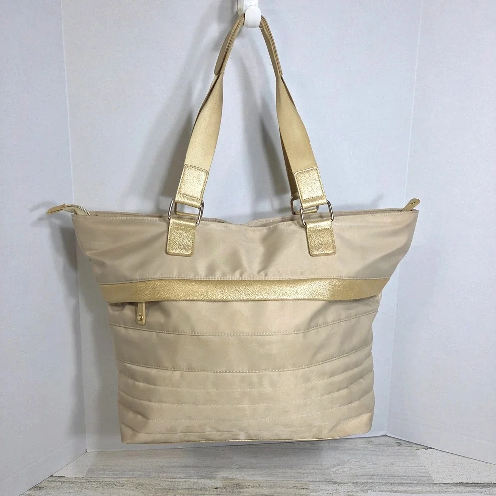 Chicos Large Tote Bag Champagne Gold Nylon Vegan Leather Weekender Travel Purse